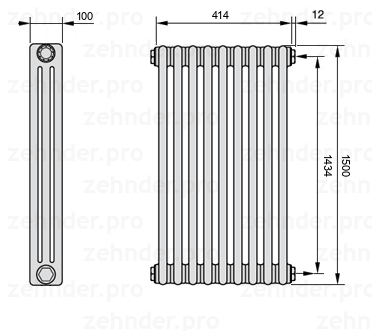 Схема (чертеж) Радиатор Zehnder Charleston 3150/9 №7610 Белый глянцевый RAL 9016